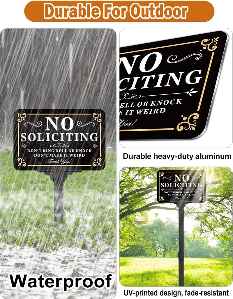 multiwins No Soliciting Sign for House with Stake - Adjustable Height - 12 x 8 Inch/37 Inch High - 50-mil Thick Aluminum -Metal No Soliciting Yard Sign for Home/Front Door and Business (Rectangle-Gold-01) - Image 5